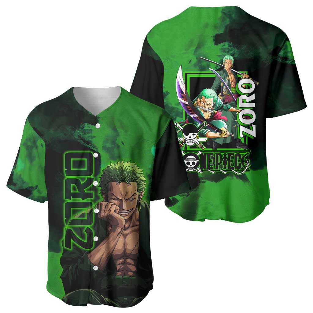 Zoro One Piece Green Theme Baseball Jersey with Swordsman Pose and Three Sword Style Design - The Mazicc