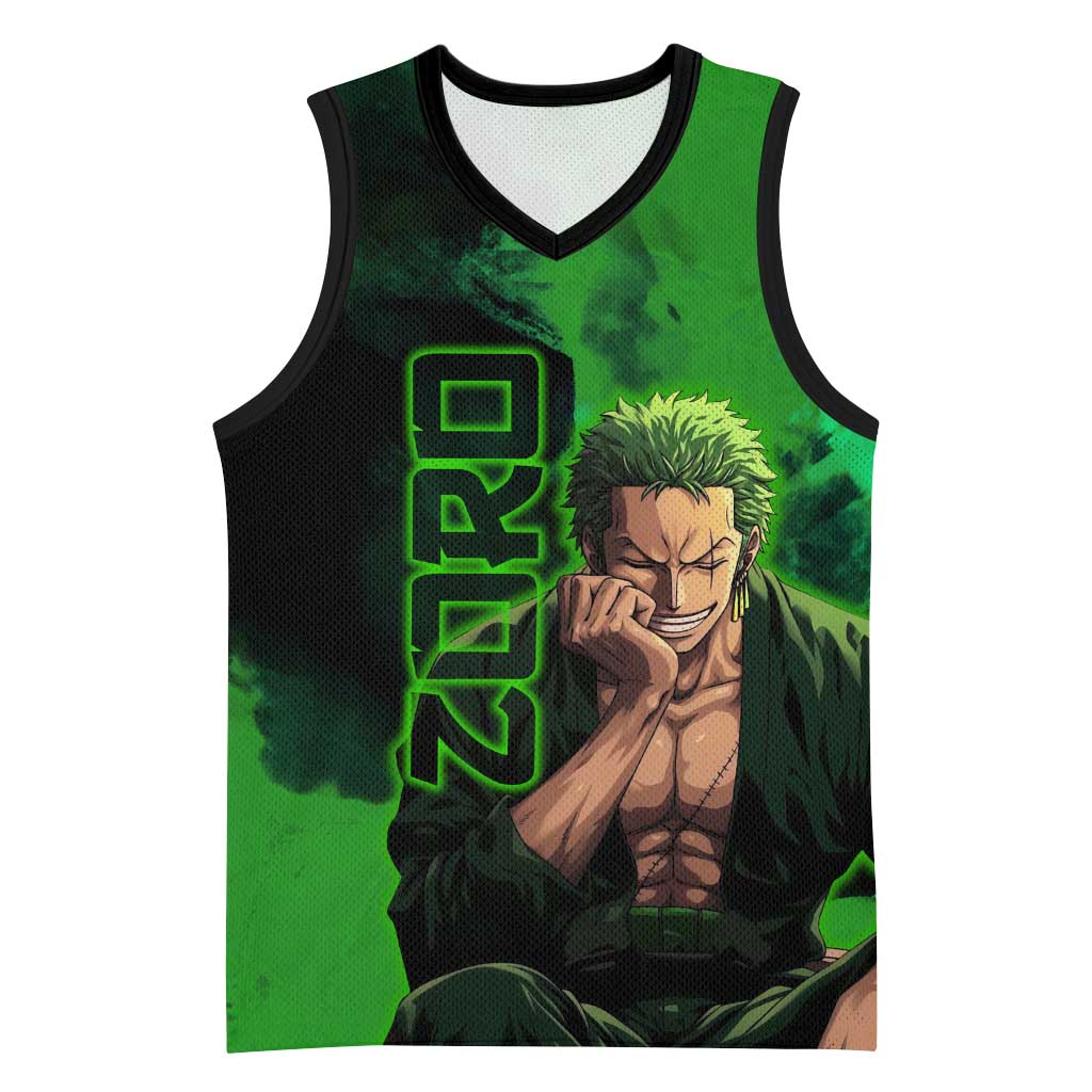 Zoro One Piece Green Theme Basketball Jersey with Swordsman Pose and Three Sword Style Design - The Mazicc