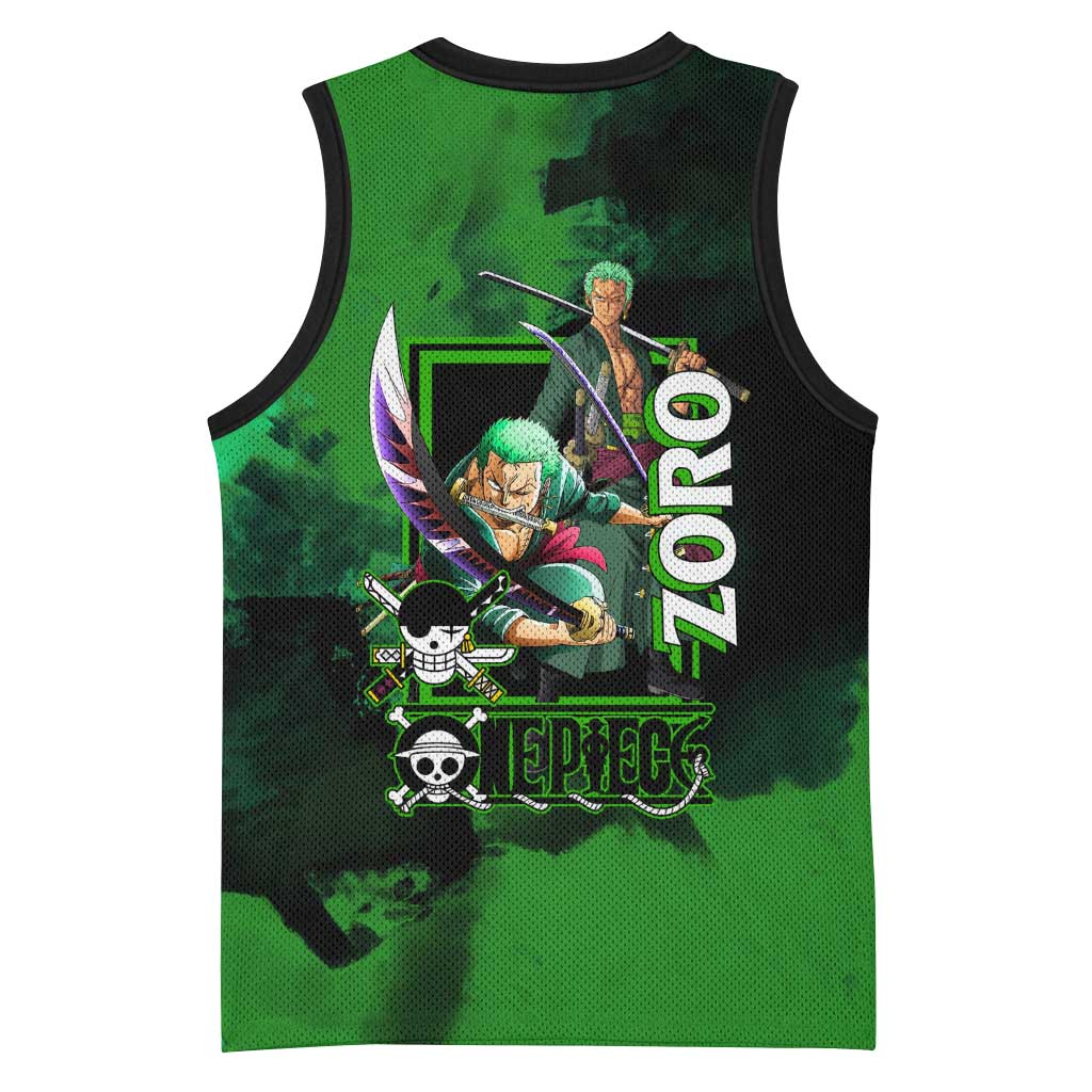Zoro One Piece Green Theme Basketball Jersey with Swordsman Pose and Three Sword Style Design - The Mazicc