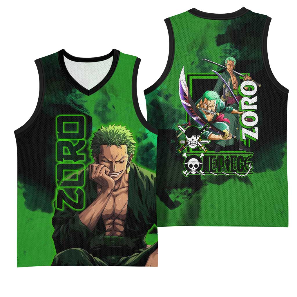 Zoro One Piece Green Theme Basketball Jersey with Swordsman Pose and Three Sword Style Design - The Mazicc