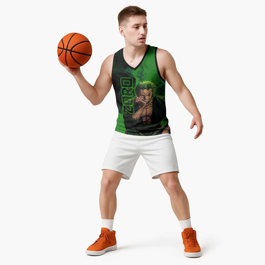 Zoro One Piece Green Theme Basketball Jersey with Swordsman Pose and Three Sword Style Design - The Mazicc