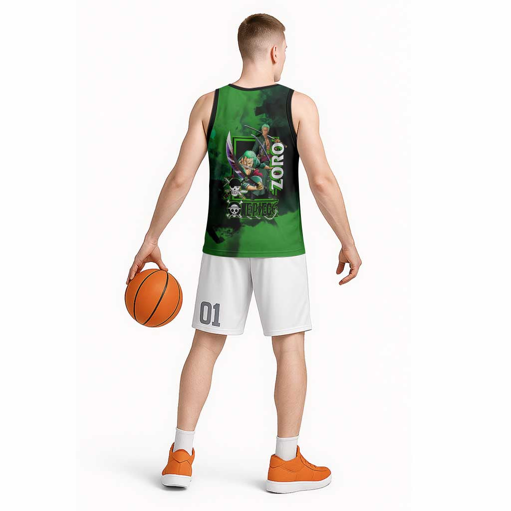 Zoro One Piece Green Theme Basketball Jersey with Swordsman Pose and Three Sword Style Design - The Mazicc