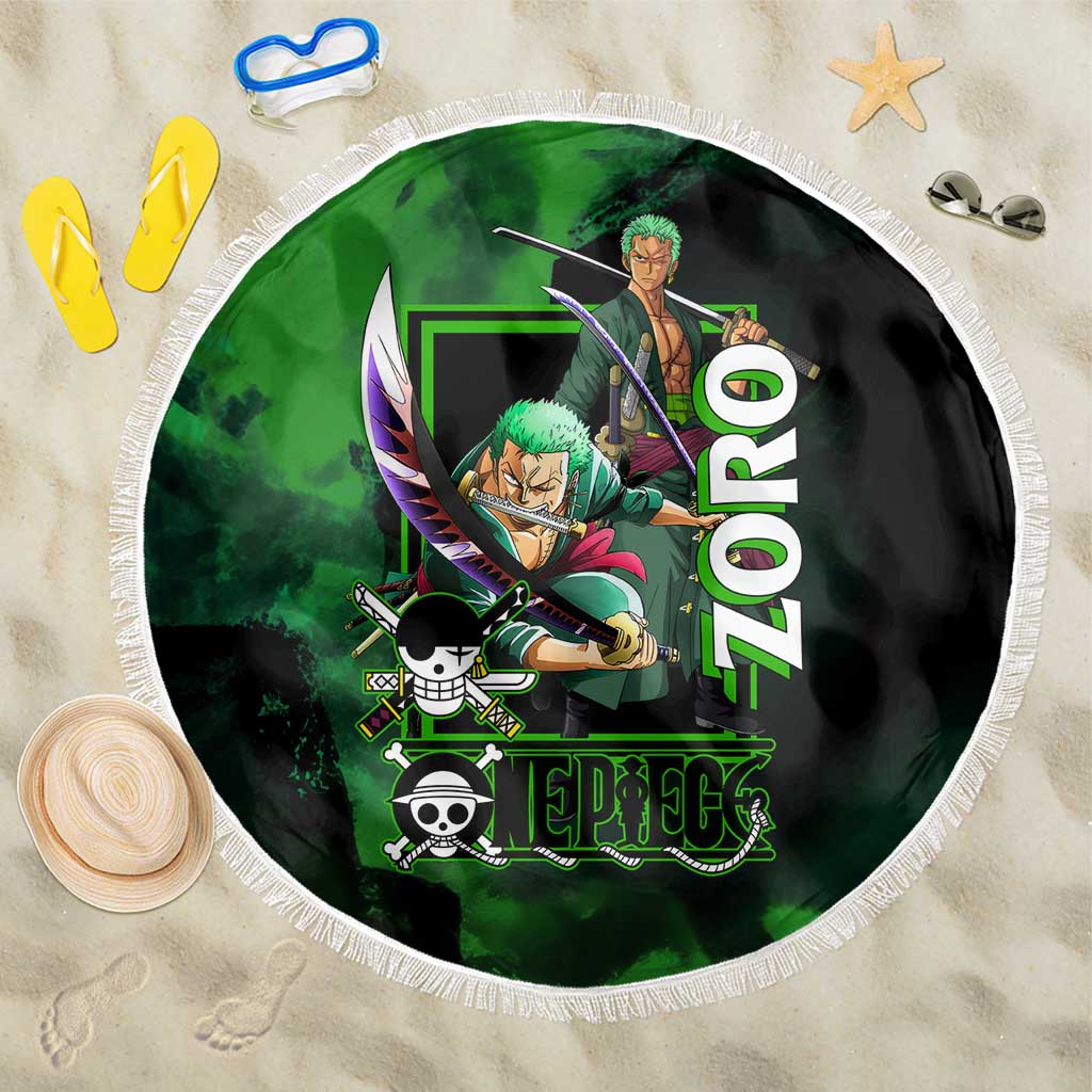 Zoro One Piece Green Theme Beach Blanket with Swordsman Pose and Three Sword Style Design - The Mazicc