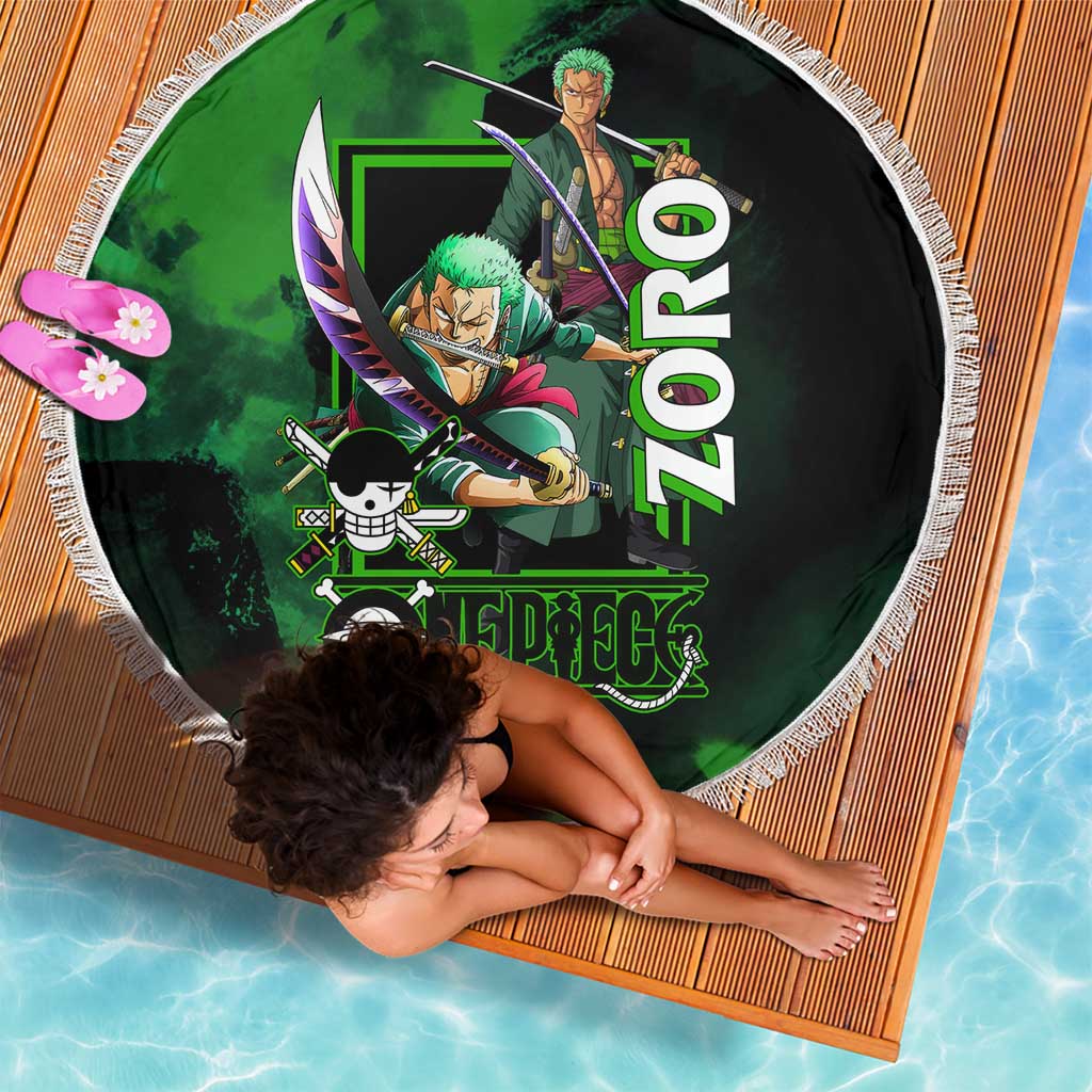 Zoro One Piece Green Theme Beach Blanket with Swordsman Pose and Three Sword Style Design - The Mazicc