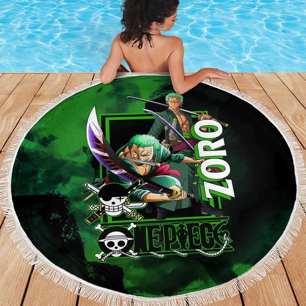 Zoro One Piece Green Theme Beach Blanket with Swordsman Pose and Three Sword Style Design - The Mazicc