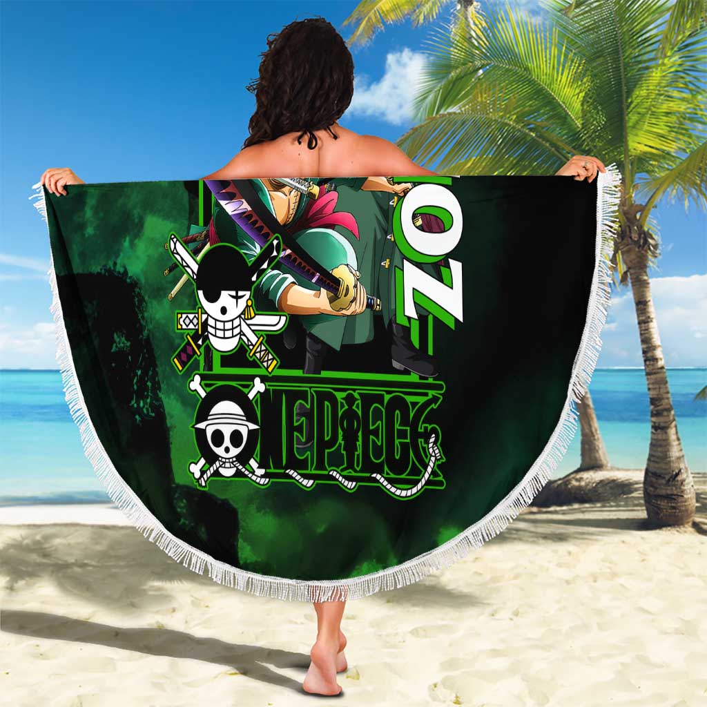 Zoro One Piece Green Theme Beach Blanket with Swordsman Pose and Three Sword Style Design - The Mazicc