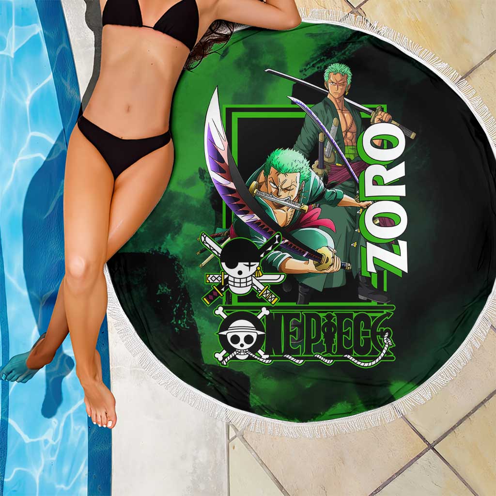 Zoro One Piece Green Theme Beach Blanket with Swordsman Pose and Three Sword Style Design - The Mazicc