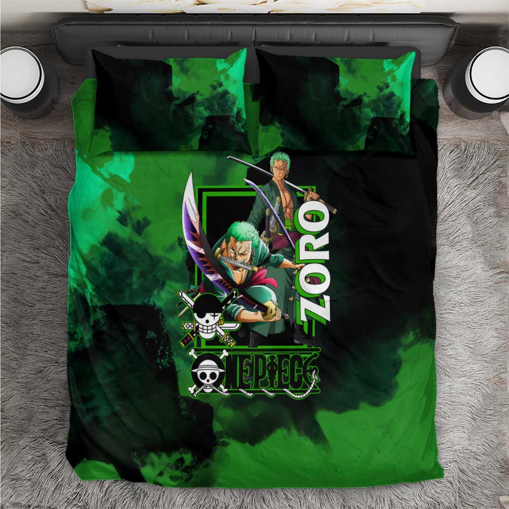 Zoro One Piece Green Theme Bedding Set with Swordsman Pose and Three Sword Style Design - The Mazicc