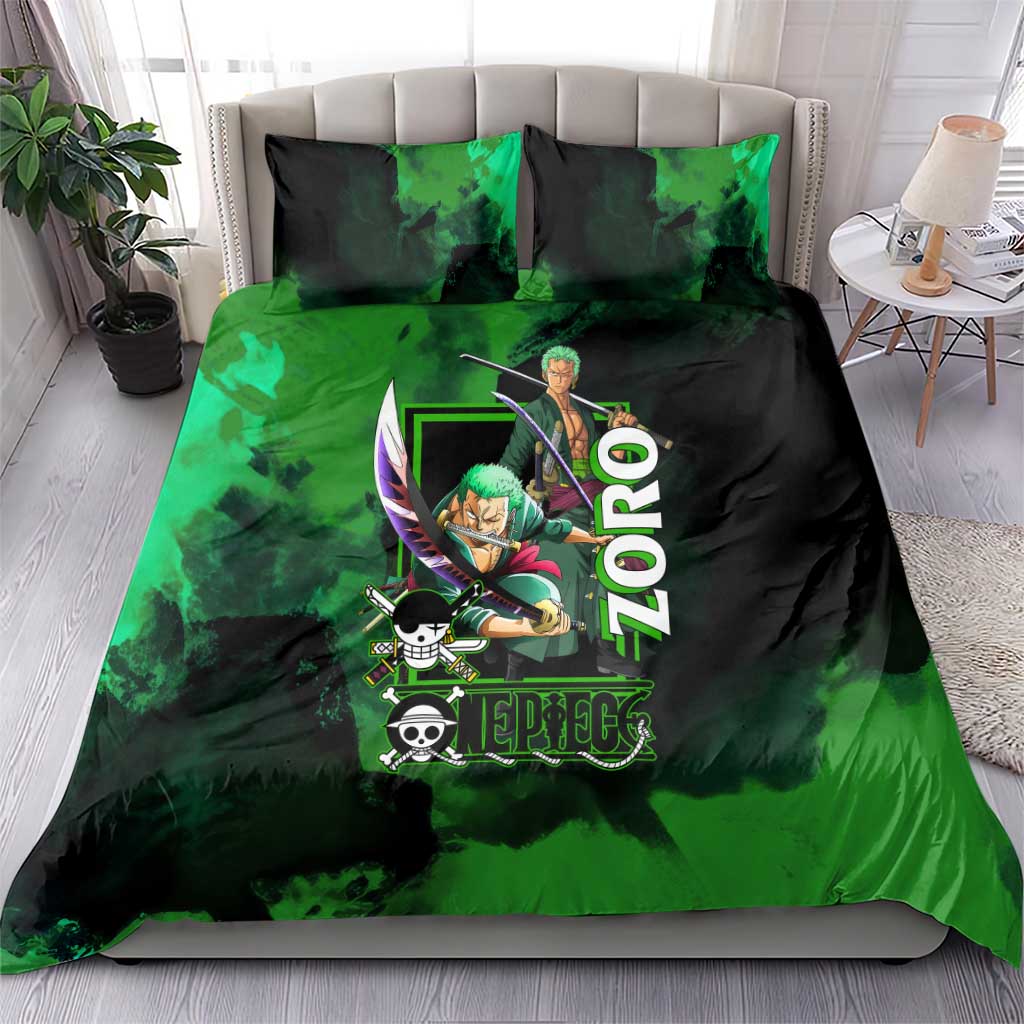 Zoro One Piece Green Theme Bedding Set with Swordsman Pose and Three Sword Style Design - The Mazicc
