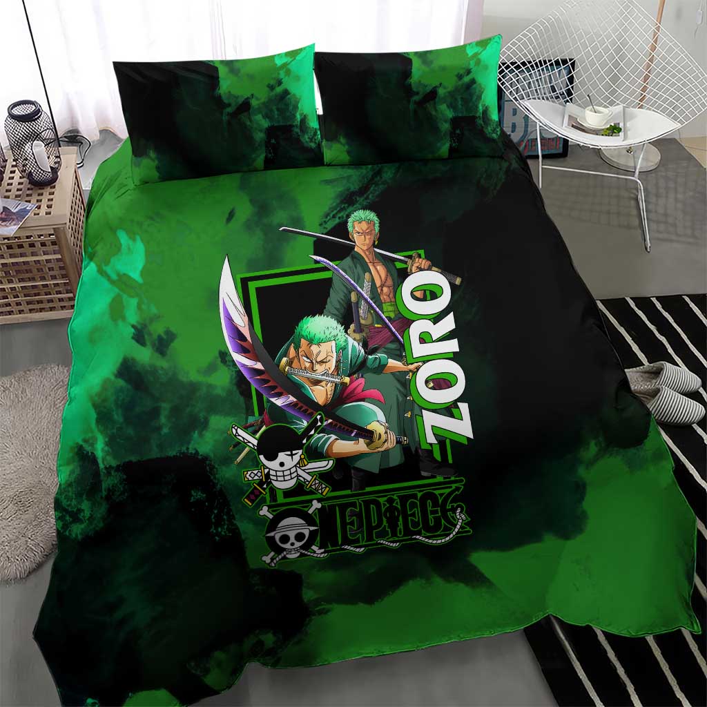 Zoro One Piece Green Theme Bedding Set with Swordsman Pose and Three Sword Style Design - The Mazicc