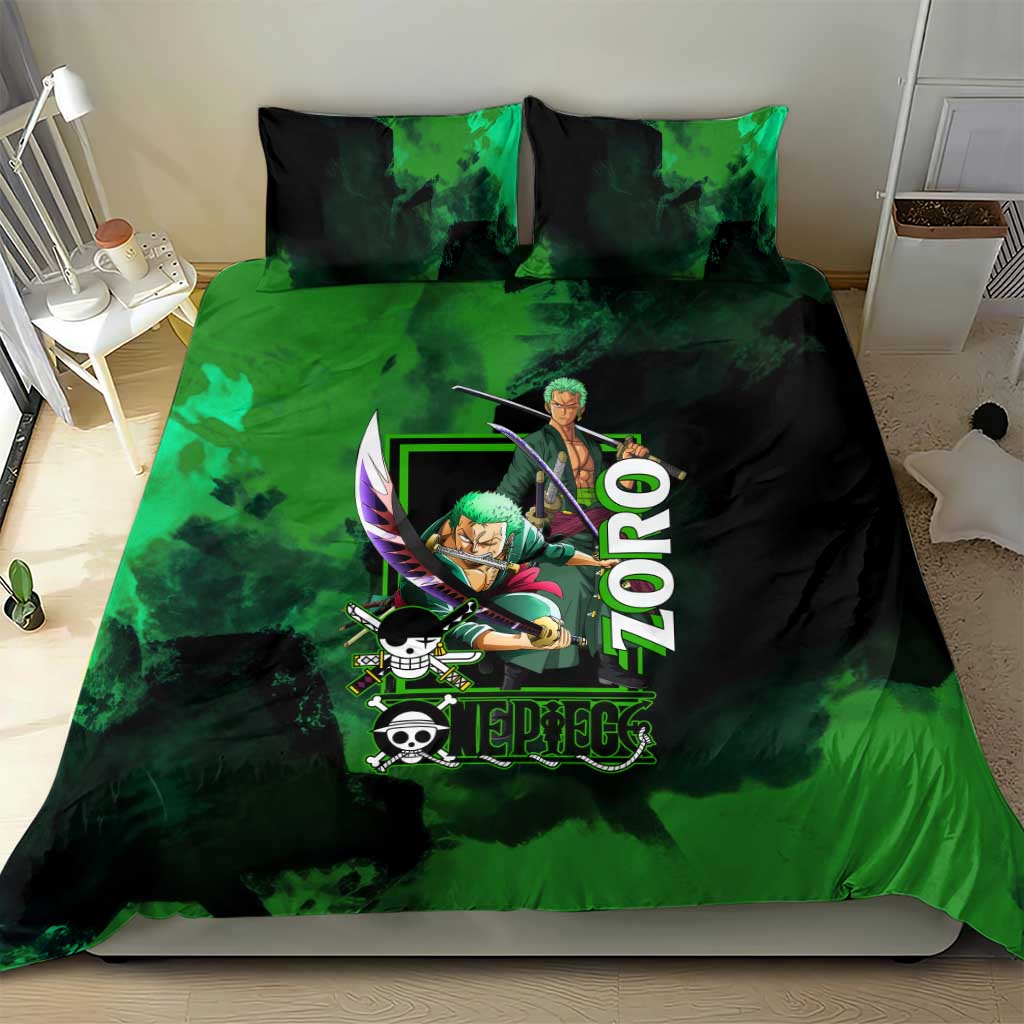 Zoro One Piece Green Theme Bedding Set with Swordsman Pose and Three Sword Style Design - The Mazicc