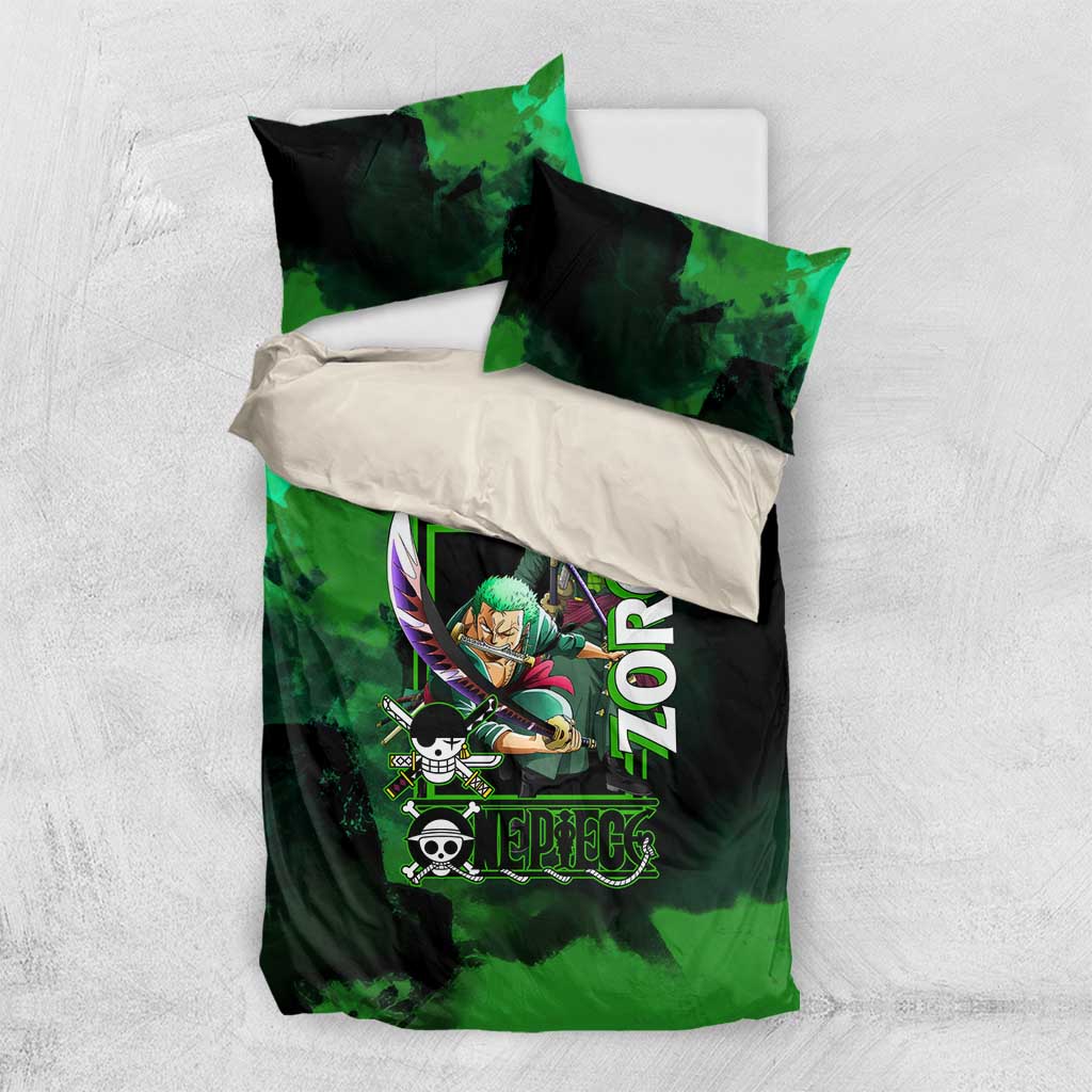 Zoro One Piece Green Theme Bedding Set with Swordsman Pose and Three Sword Style Design - The Mazicc