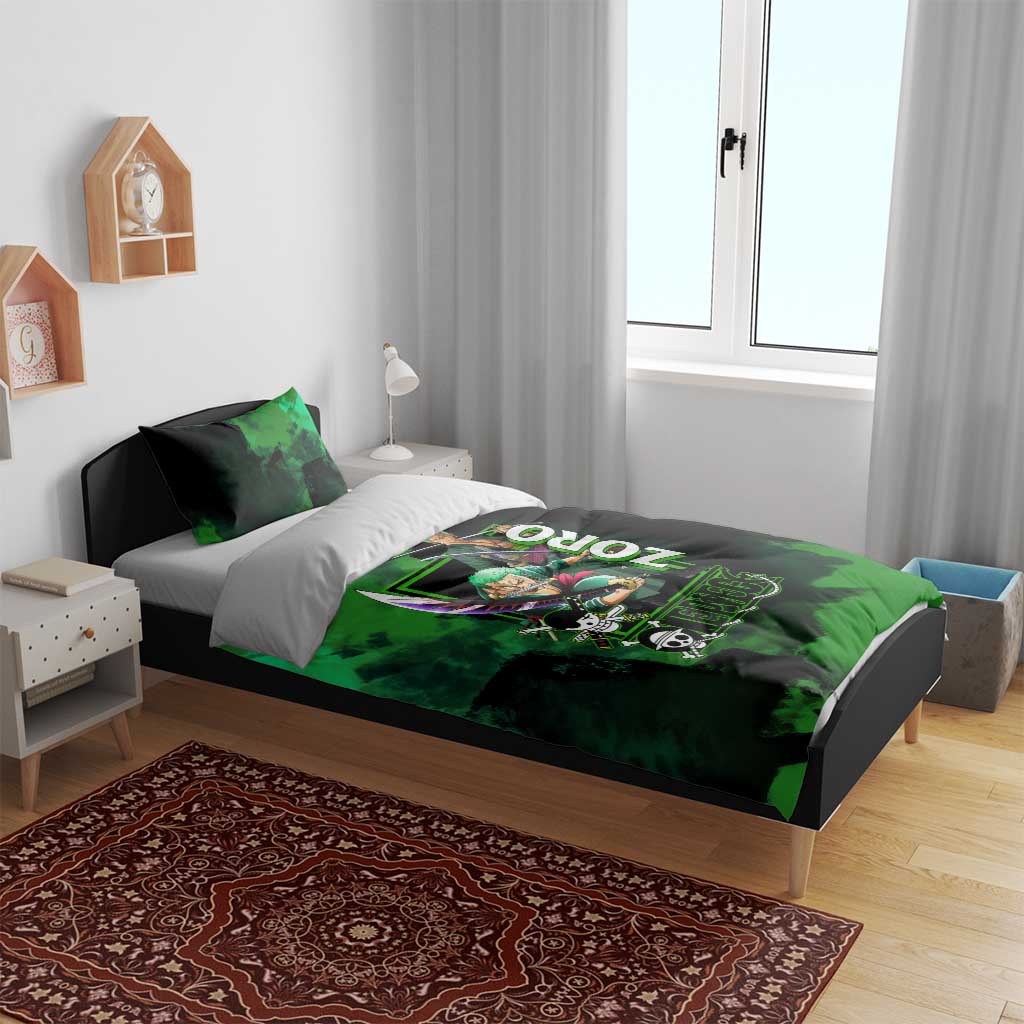 Zoro One Piece Green Theme Bedding Set with Swordsman Pose and Three Sword Style Design - The Mazicc