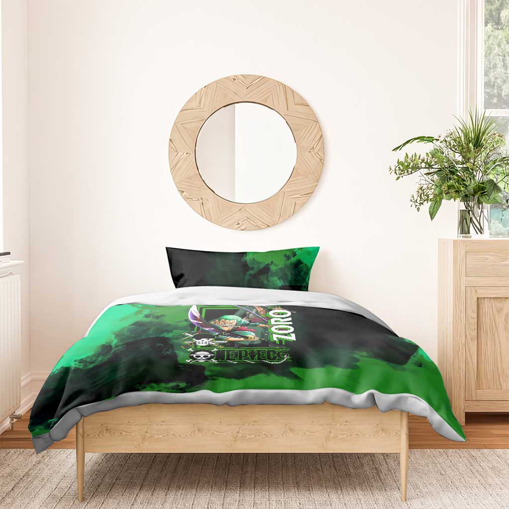Zoro One Piece Green Theme Bedding Set with Swordsman Pose and Three Sword Style Design - The Mazicc