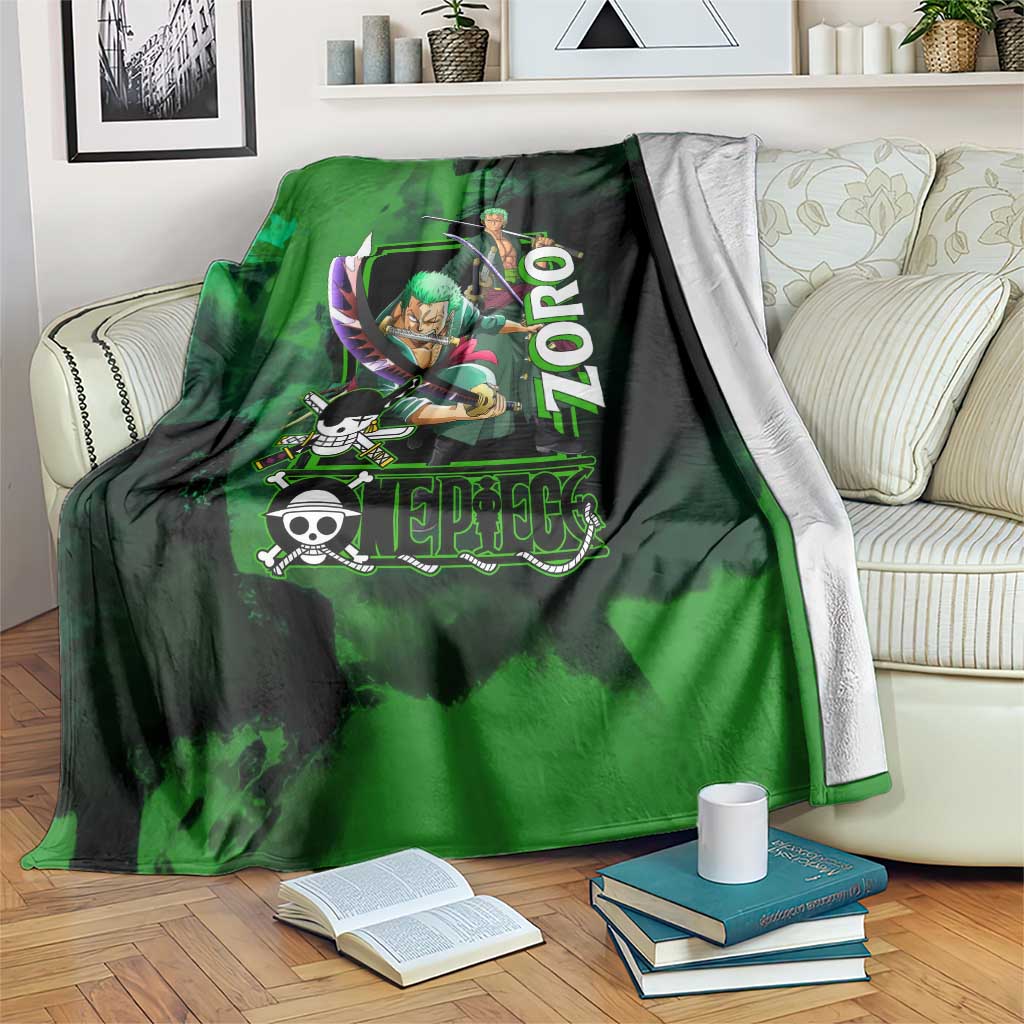 Zoro One Piece Green Theme Blanket with Swordsman Pose and Three Sword Style Design - The Mazicc
