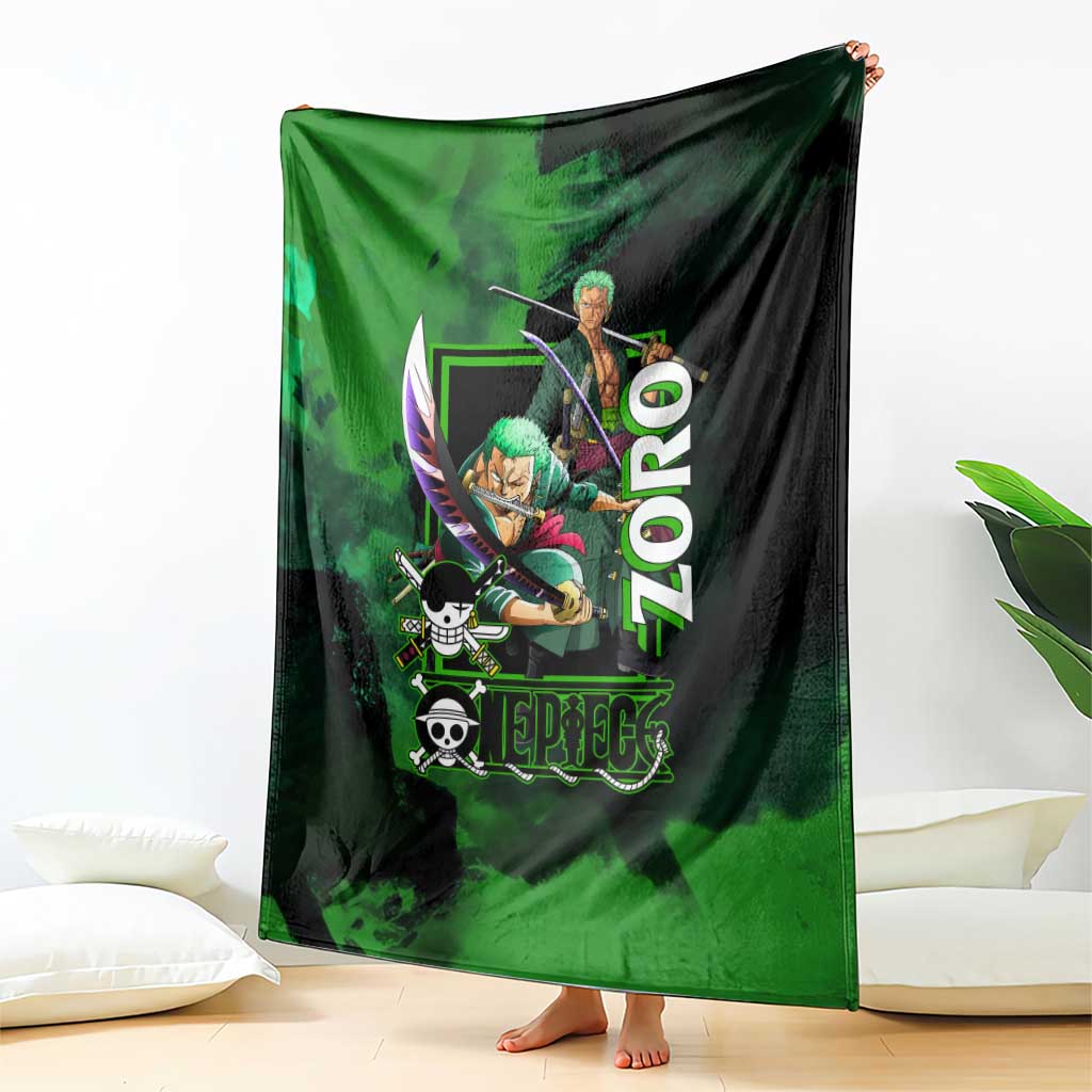 Zoro One Piece Green Theme Blanket with Swordsman Pose and Three Sword Style Design - The Mazicc