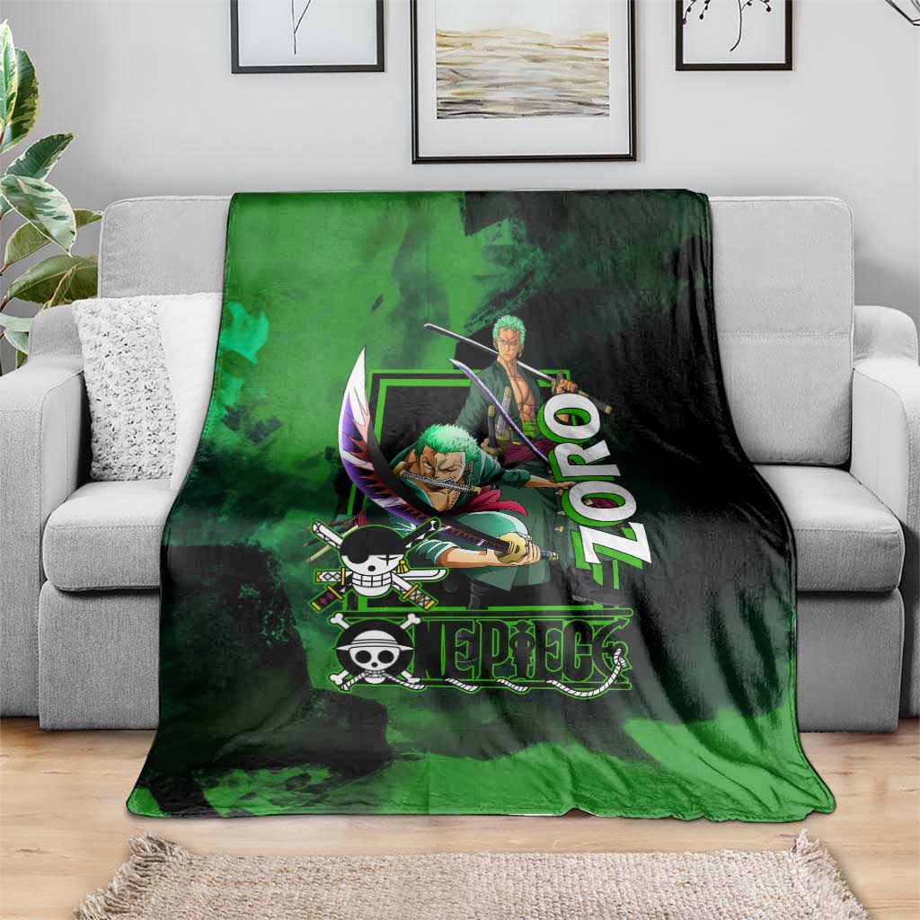 Zoro One Piece Green Theme Blanket with Swordsman Pose and Three Sword Style Design - The Mazicc