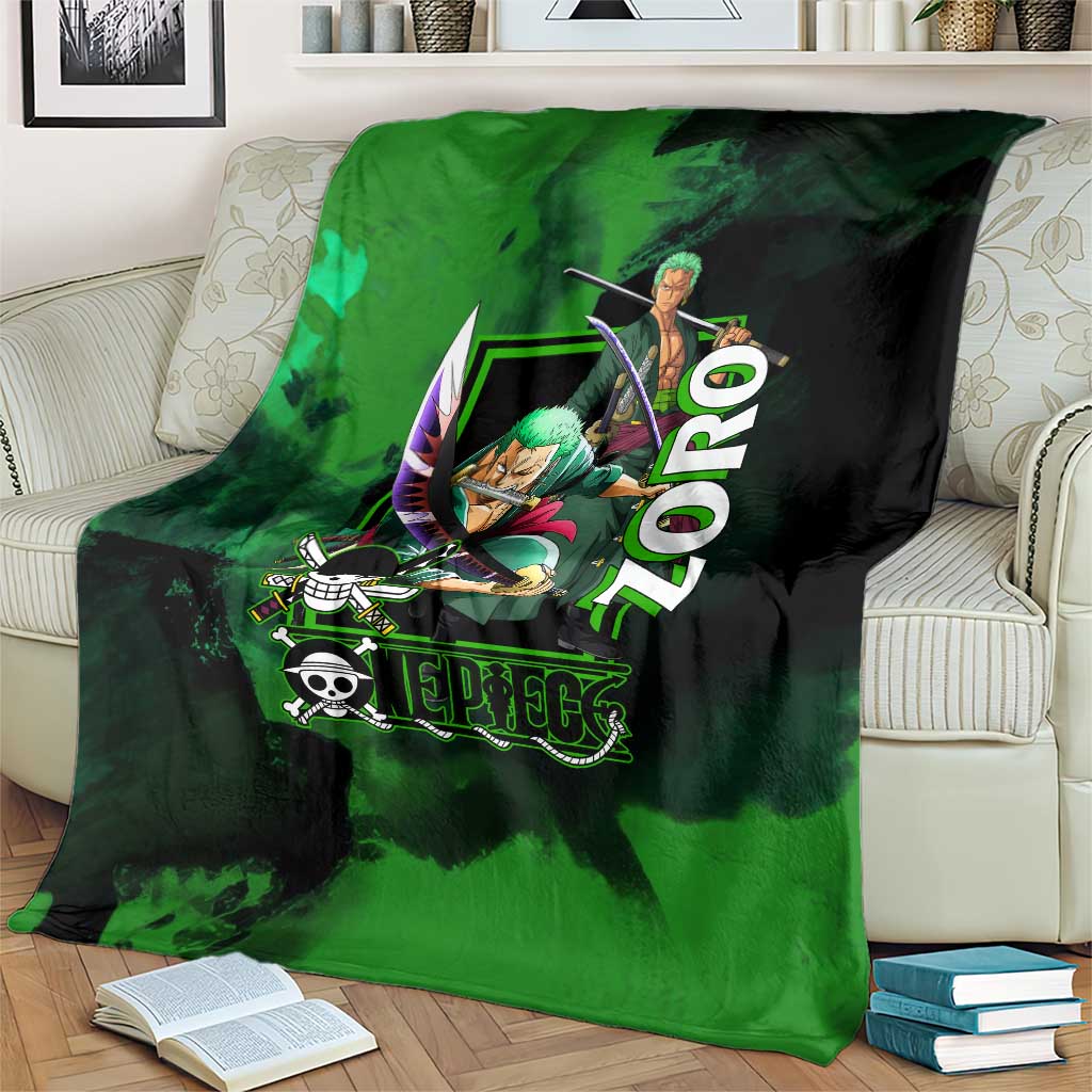 Zoro One Piece Green Theme Blanket with Swordsman Pose and Three Sword Style Design - The Mazicc