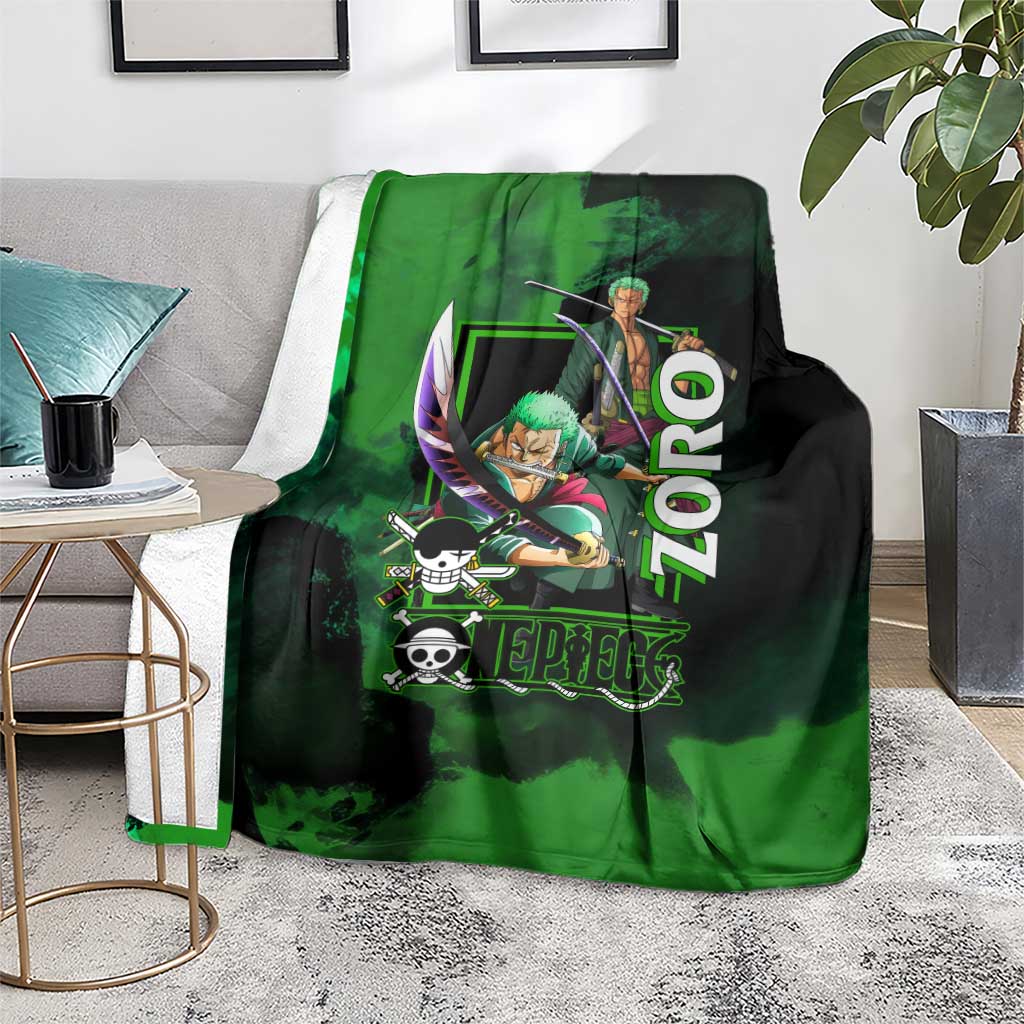Zoro One Piece Green Theme Blanket with Swordsman Pose and Three Sword Style Design - The Mazicc
