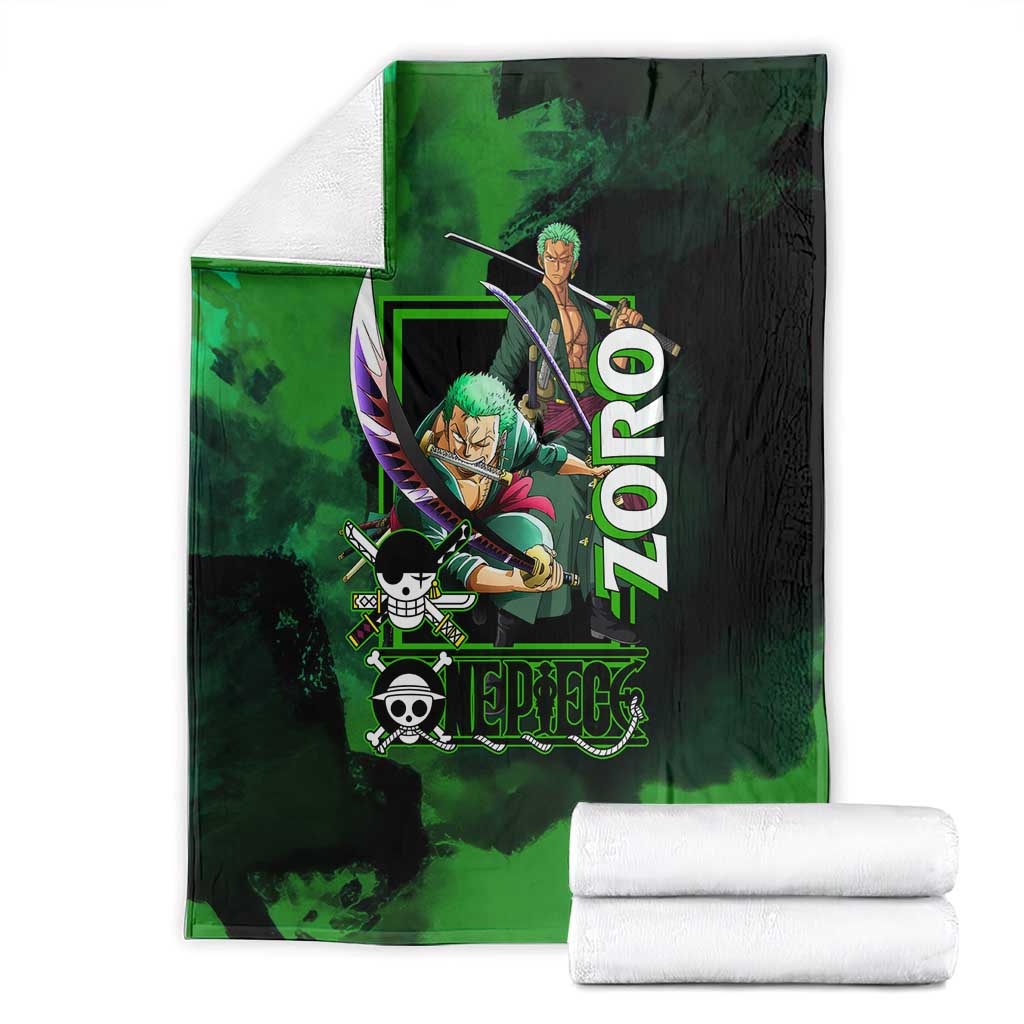 Zoro One Piece Green Theme Blanket with Swordsman Pose and Three Sword Style Design - The Mazicc
