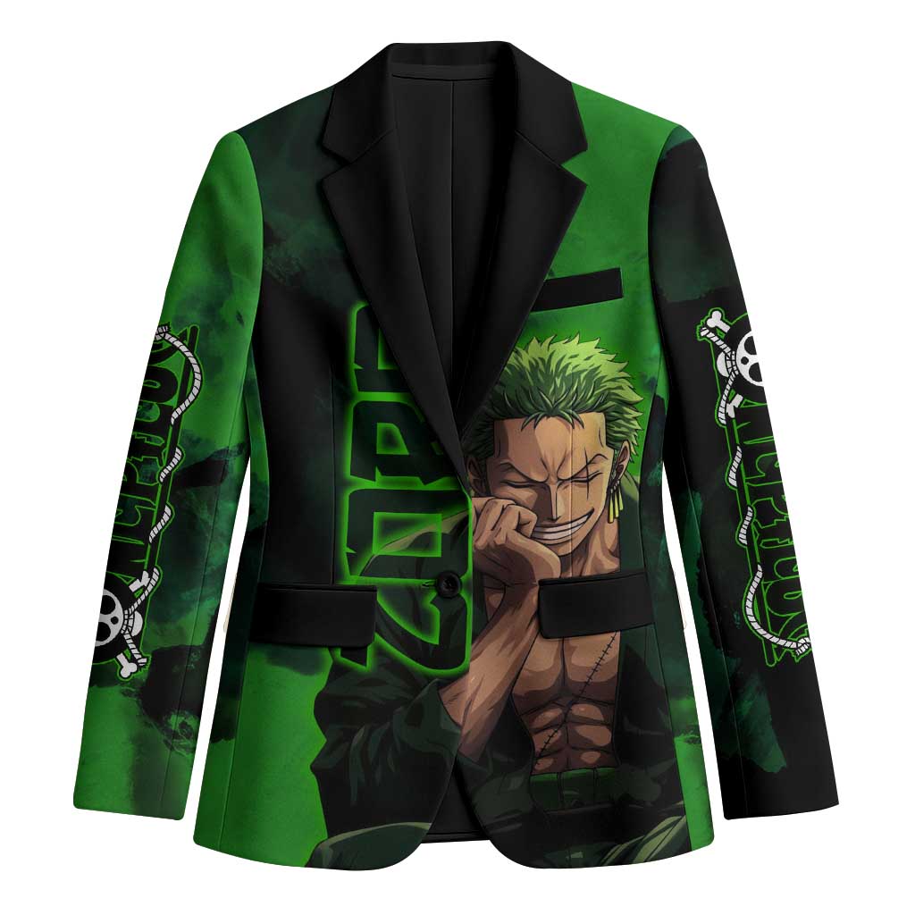 Zoro One Piece Green Theme Blazer with Swordsman Pose and Three Sword Style Design - The Mazicc