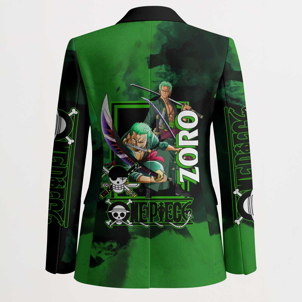 Zoro One Piece Green Theme Blazer with Swordsman Pose and Three Sword Style Design - The Mazicc