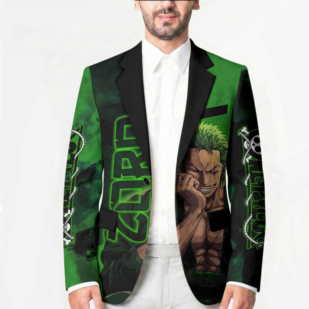 Zoro One Piece Green Theme Blazer with Swordsman Pose and Three Sword Style Design - The Mazicc