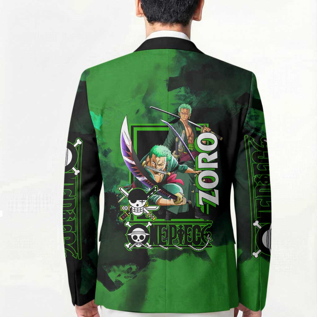 Zoro One Piece Green Theme Blazer with Swordsman Pose and Three Sword Style Design - The Mazicc