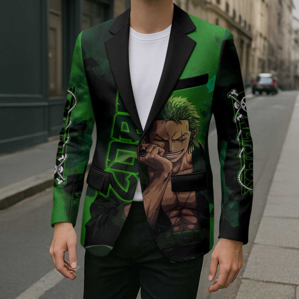 Zoro One Piece Green Theme Blazer with Swordsman Pose and Three Sword Style Design - The Mazicc