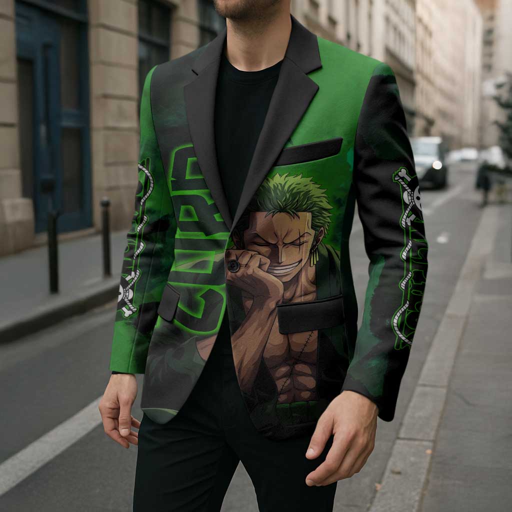 Zoro One Piece Green Theme Blazer with Swordsman Pose and Three Sword Style Design - The Mazicc