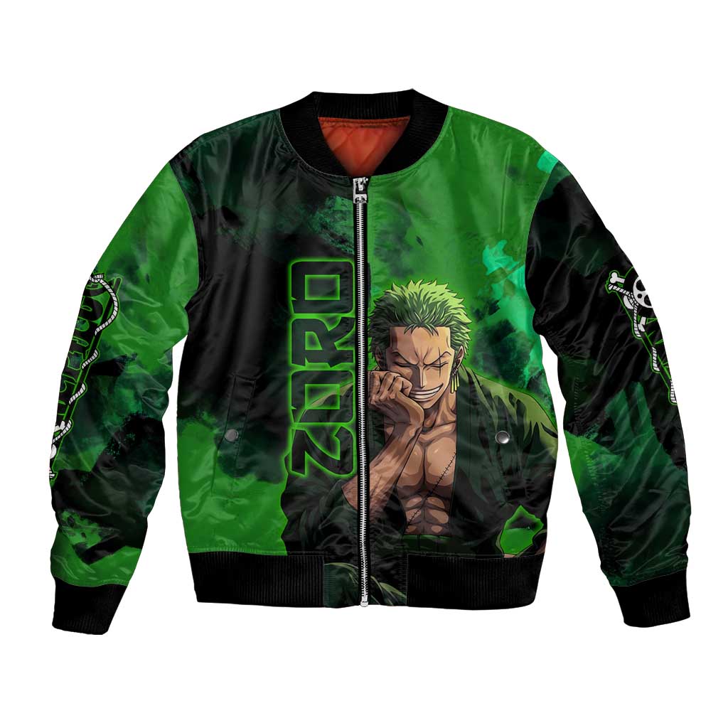 Zoro One Piece Green Theme Bomber Jacket with Swordsman Pose and Three Sword Style Design - The Mazicc