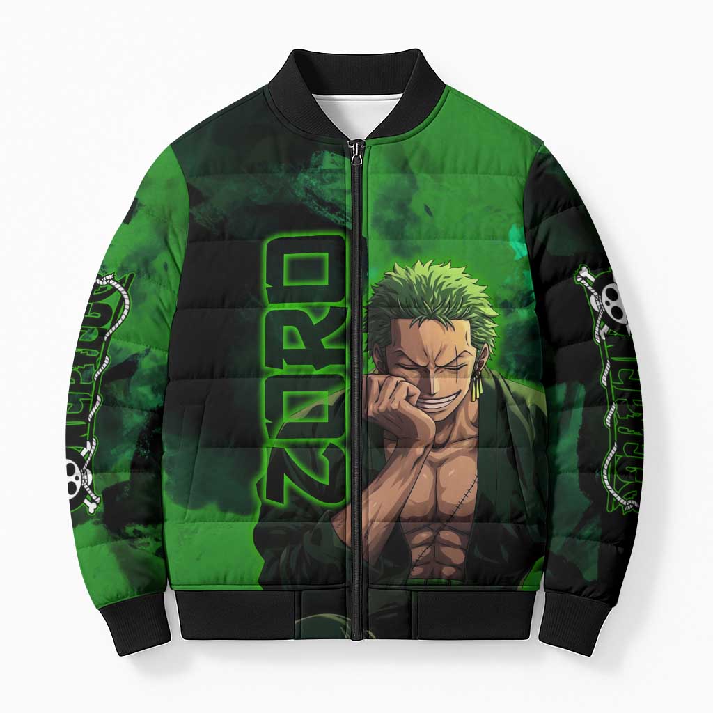 Zoro One Piece Green Theme Bomber Puffer Jacket with Swordsman Pose and Three Sword Style Design - The Mazicc