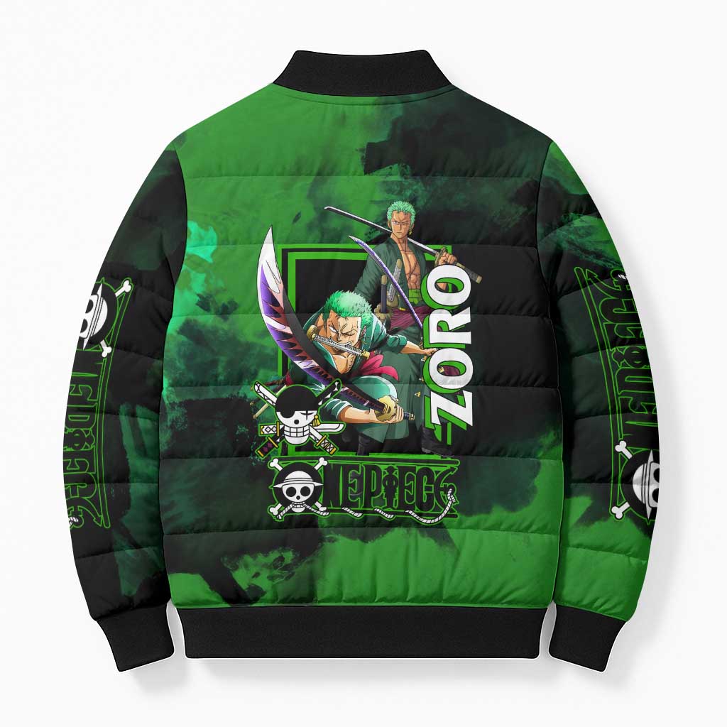 Zoro One Piece Green Theme Bomber Puffer Jacket with Swordsman Pose and Three Sword Style Design - The Mazicc