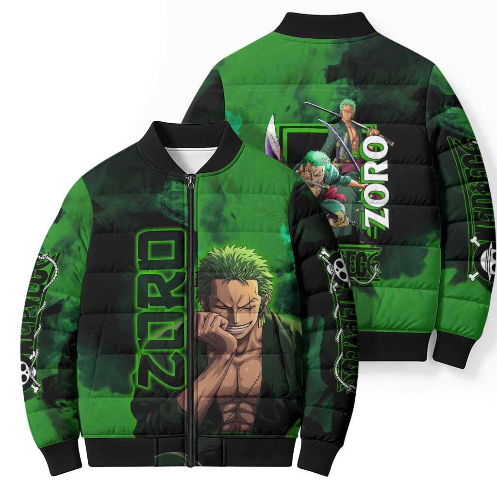 Zoro One Piece Green Theme Bomber Puffer Jacket with Swordsman Pose and Three Sword Style Design - The Mazicc
