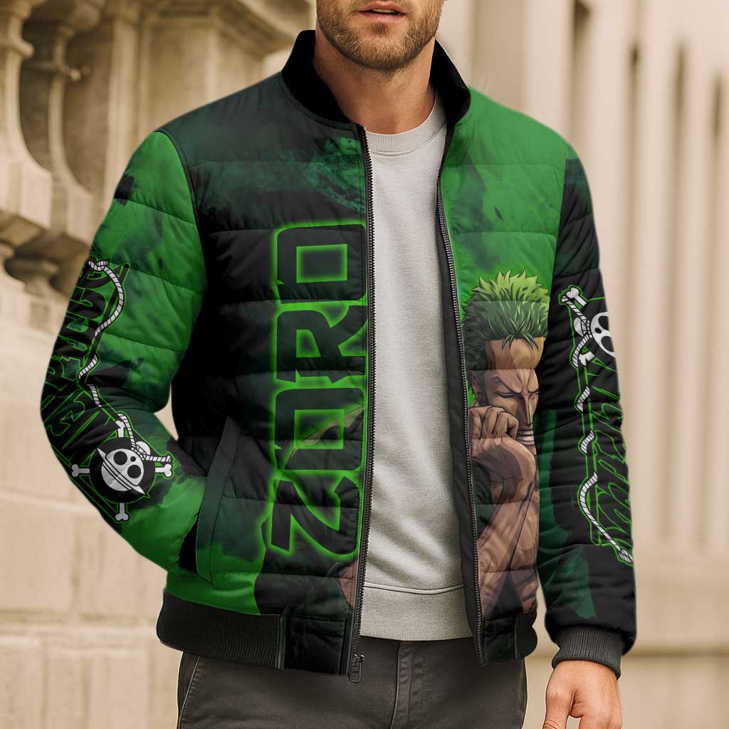 Zoro One Piece Green Theme Bomber Puffer Jacket with Swordsman Pose and Three Sword Style Design - The Mazicc