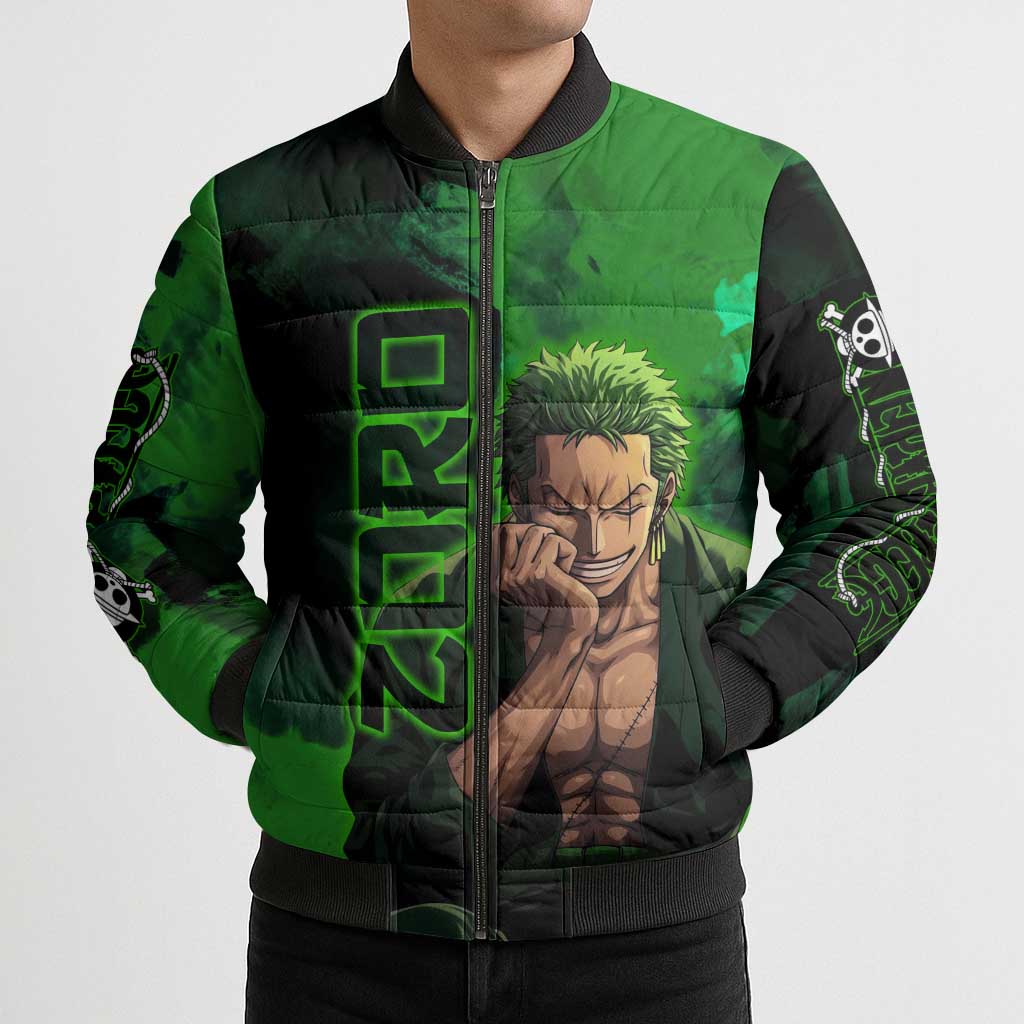 Zoro One Piece Green Theme Bomber Puffer Jacket with Swordsman Pose and Three Sword Style Design - The Mazicc