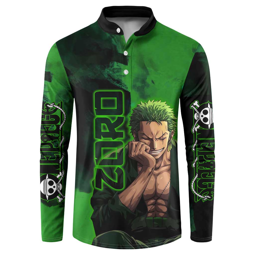 Zoro One Piece Green Theme Button Sweatshirt with Swordsman Pose and Three Sword Style Design - The Mazicc