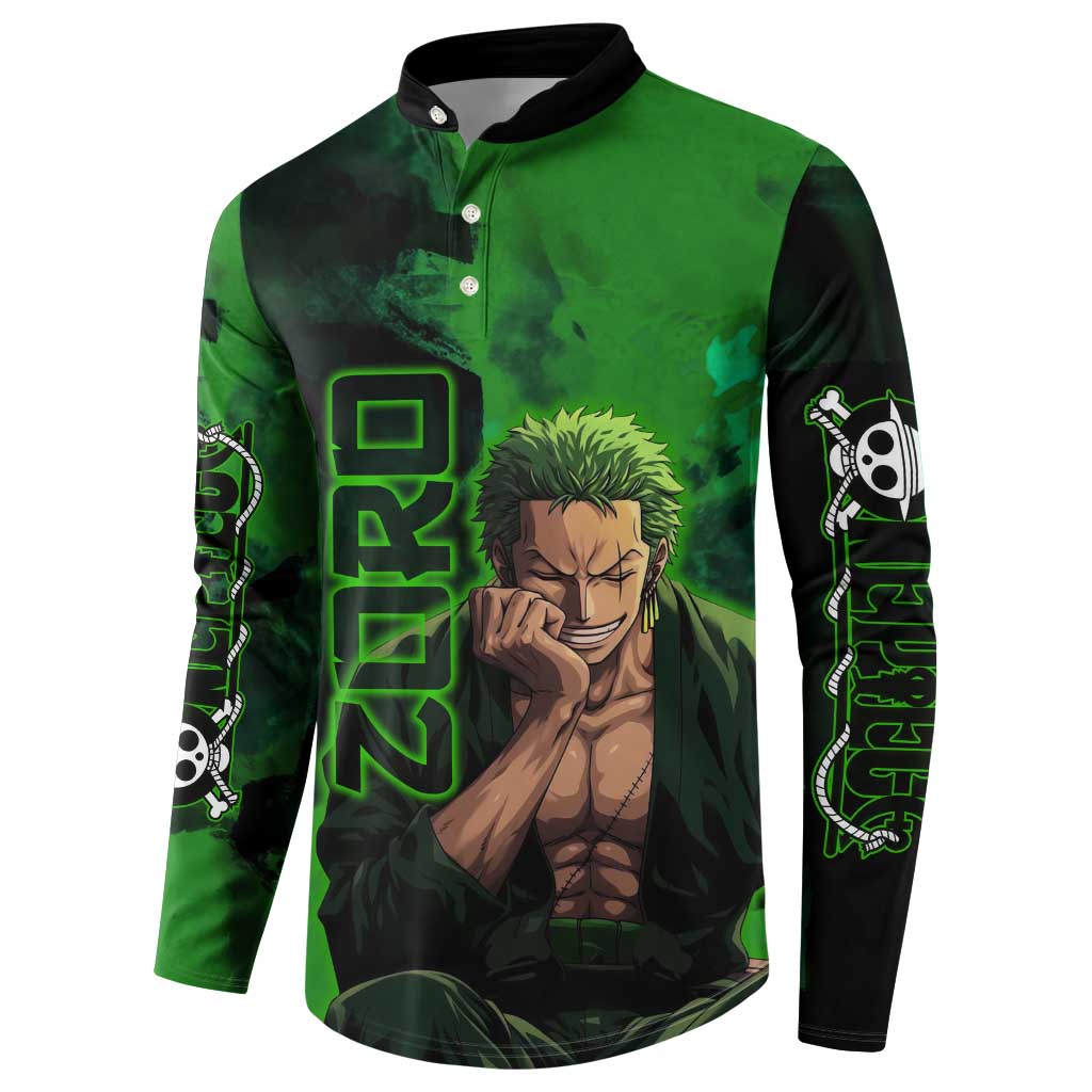 Zoro One Piece Green Theme Button Sweatshirt with Swordsman Pose and Three Sword Style Design - The Mazicc