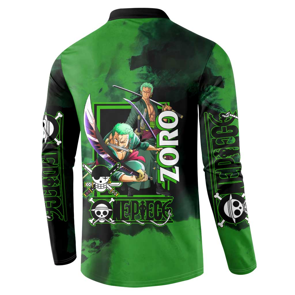 Zoro One Piece Green Theme Button Sweatshirt with Swordsman Pose and Three Sword Style Design - The Mazicc