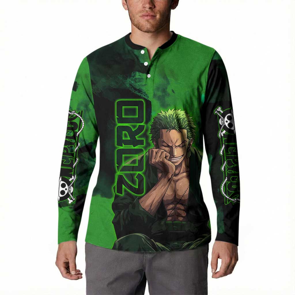 Zoro One Piece Green Theme Button Sweatshirt with Swordsman Pose and Three Sword Style Design - The Mazicc