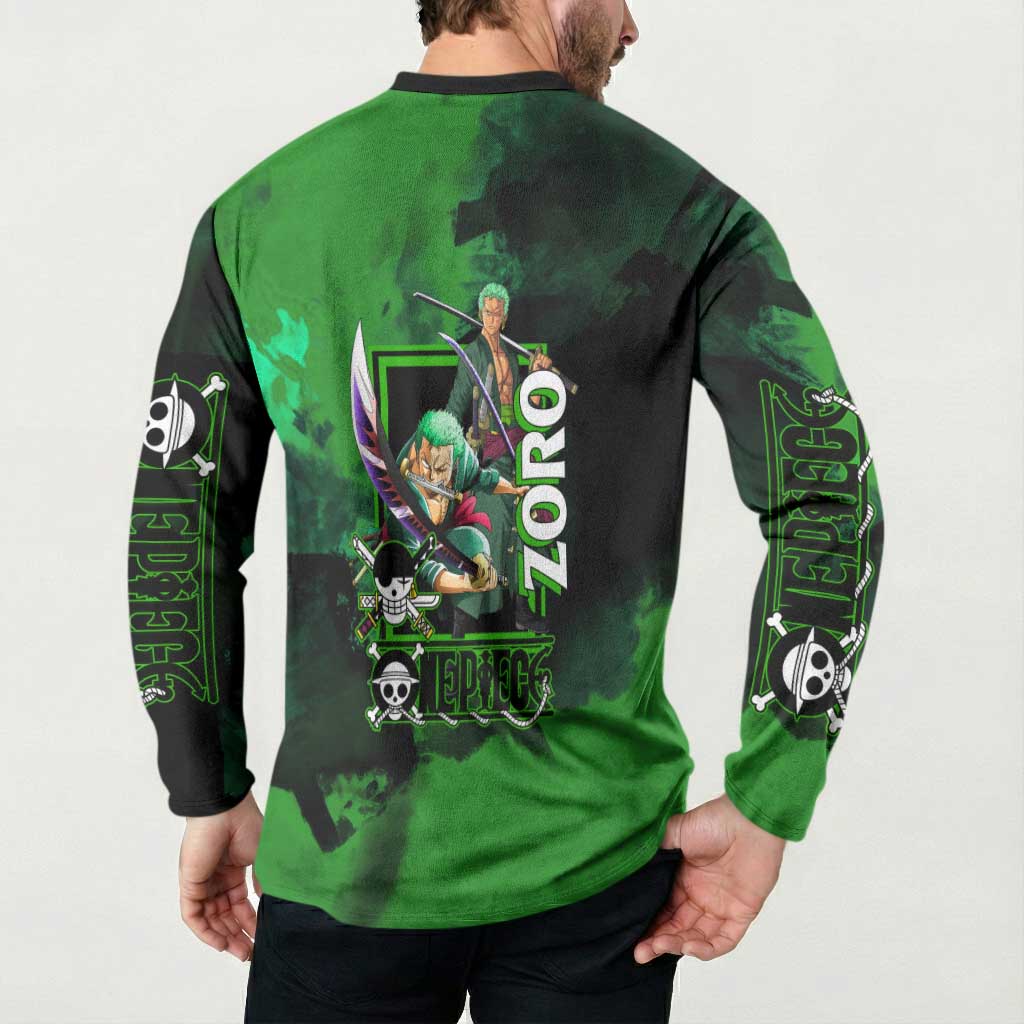 Zoro One Piece Green Theme Button Sweatshirt with Swordsman Pose and Three Sword Style Design - The Mazicc