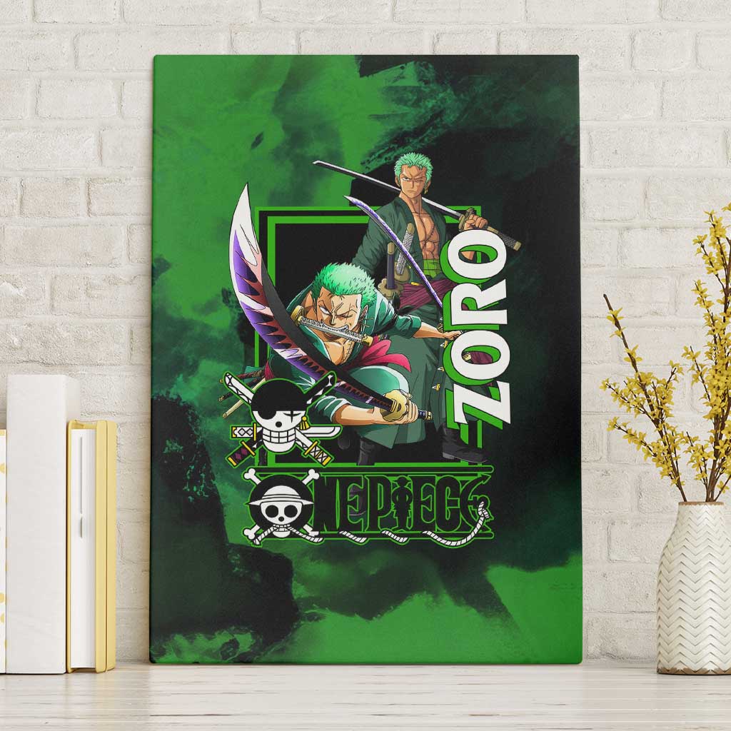 Zoro One Piece Green Theme Canvas Wall Art with Swordsman Pose and Three Sword Style Design - The Mazicc
