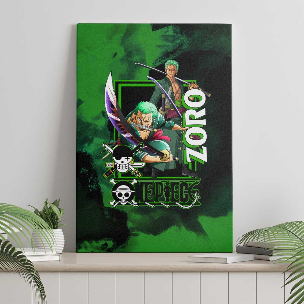 Zoro One Piece Green Theme Canvas Wall Art with Swordsman Pose and Three Sword Style Design - The Mazicc