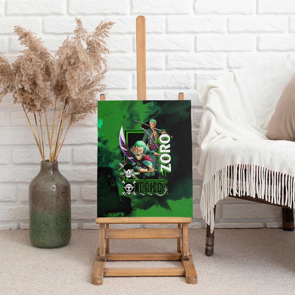 Zoro One Piece Green Theme Canvas Wall Art with Swordsman Pose and Three Sword Style Design - The Mazicc