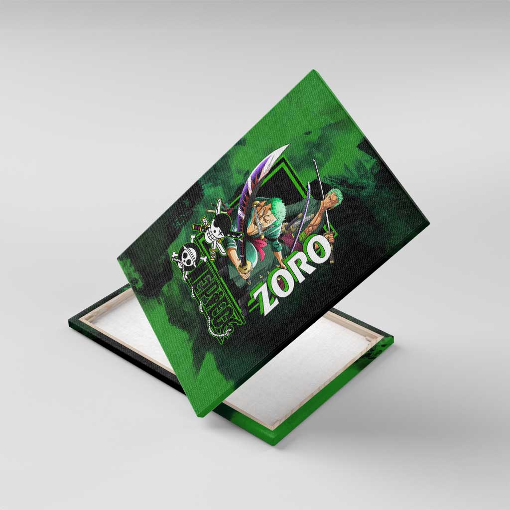 Zoro One Piece Green Theme Canvas Wall Art with Swordsman Pose and Three Sword Style Design - The Mazicc