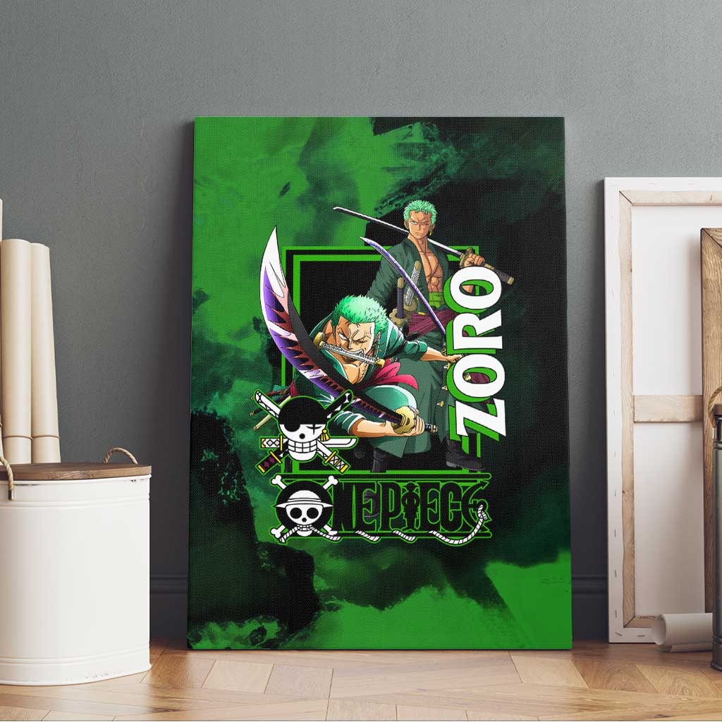 Zoro One Piece Green Theme Canvas Wall Art with Swordsman Pose and Three Sword Style Design - The Mazicc