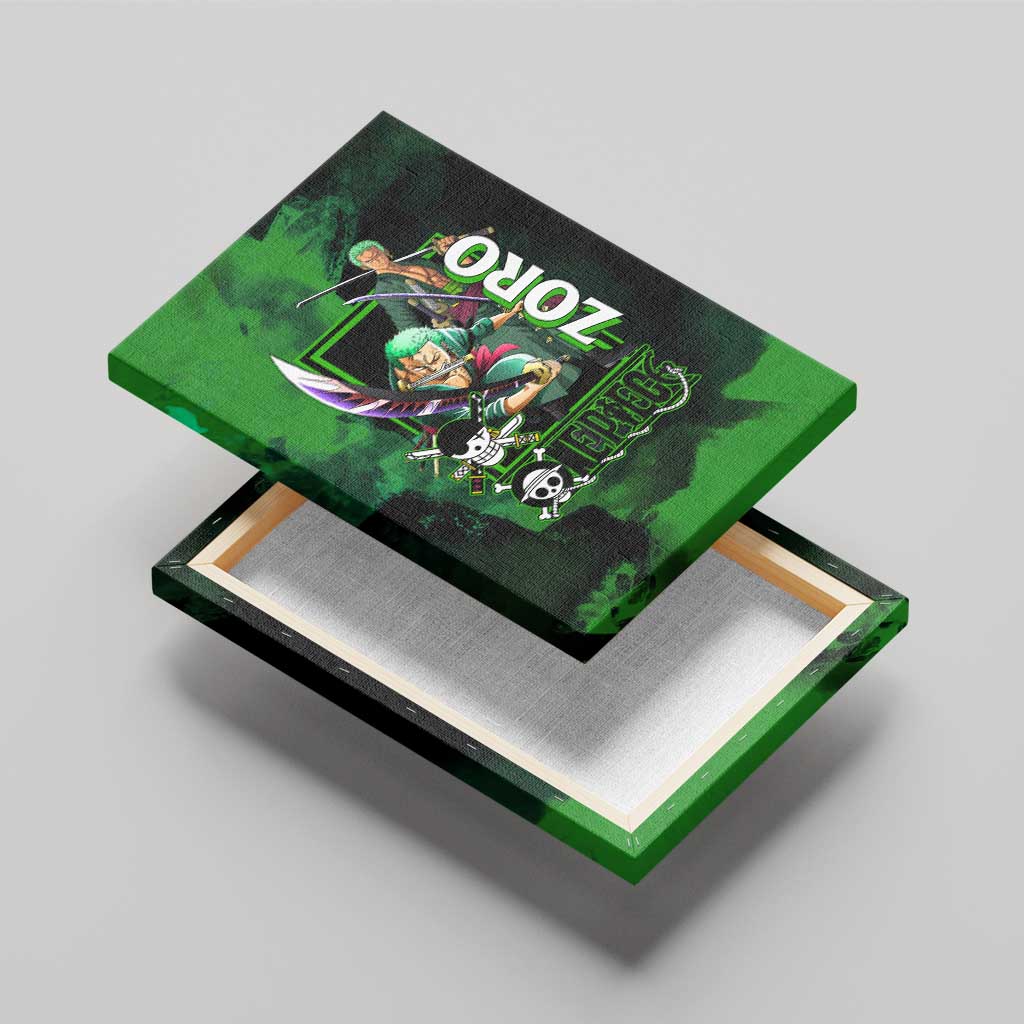 Zoro One Piece Green Theme Canvas Wall Art with Swordsman Pose and Three Sword Style Design - The Mazicc