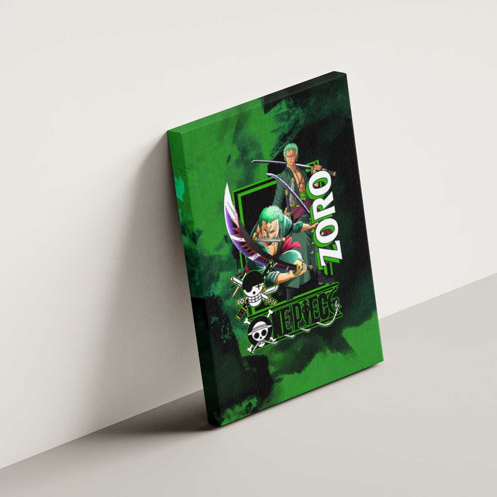Zoro One Piece Green Theme Canvas Wall Art with Swordsman Pose and Three Sword Style Design - The Mazicc