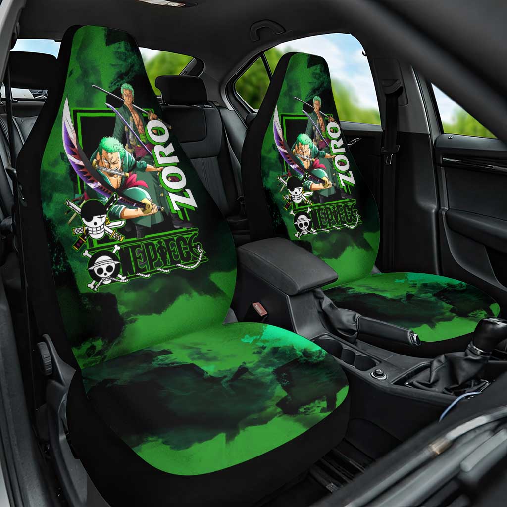 Zoro One Piece Green Theme Car Seat Cover with Swordsman Pose and Three Sword Style Design - The Mazicc