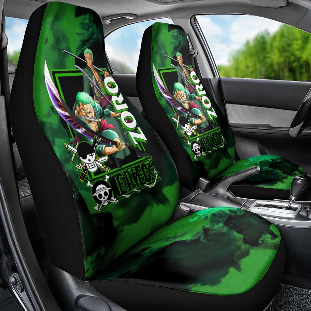 Zoro One Piece Green Theme Car Seat Cover with Swordsman Pose and Three Sword Style Design - The Mazicc